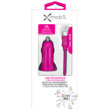 Colour Burst Car Charger 1 Amp 1 Port USB-A with Micro USB 3ft Cable - Pink