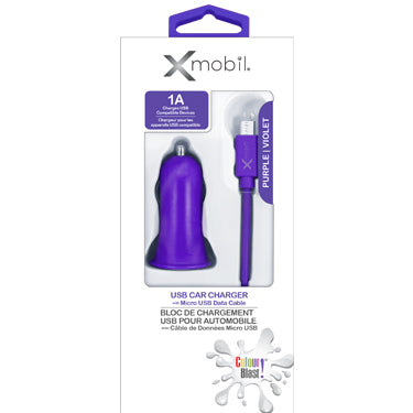 Colour Burst Car Charger 1 Amp 1 Port USB-A with Micro USB 3ft Cable - Purple