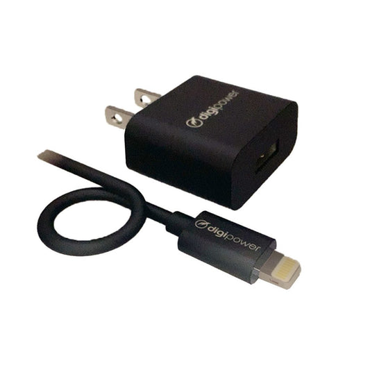 Digipower Wall Charger 2.4 Amp InstaSense 1 Port USB-A with Lightning MFI to USB-A Cable 5ft Black