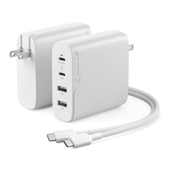 Alogic Wall Charger 4 Port 100W GaN PD 2x USB-C (65-100W + 18W)+ 2x USB-A (both 12W) with 6ft USB-C to USB-C 100W Cable - White - product image 1 of 5