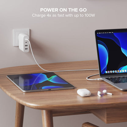 Alogic Wall Charger 4 Port 100W GaN PD 2x USB-C (65-100W + 18W)+ 2x USB-A (both 12W) with 6ft USB-C to USB-C 100W Cable - White - product image 4 of 5