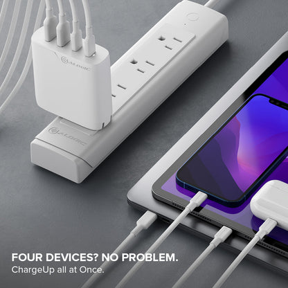 Alogic Wall Charger 4 Port 100W GaN PD 2x USB-C (65-100W + 18W)+ 2x USB-A (both 12W) with 6ft USB-C to USB-C 100W Cable - White - product image 3 of 5