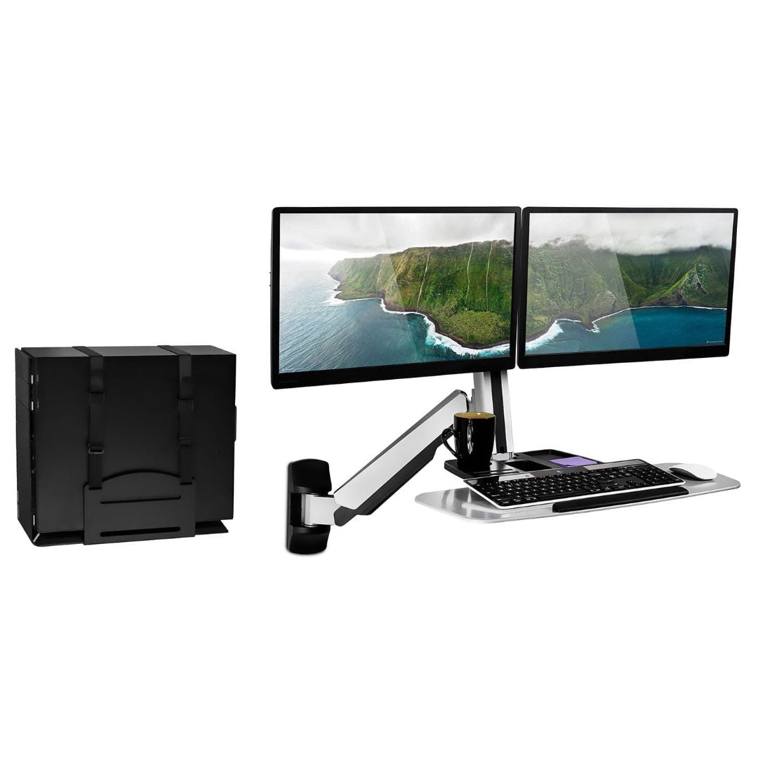 Mount-It Mount-It! Sit Stand Workstation Wall Mounted with Dual Monitor & Keyboard Tray Gas Spring Includes CPU Wall Mount