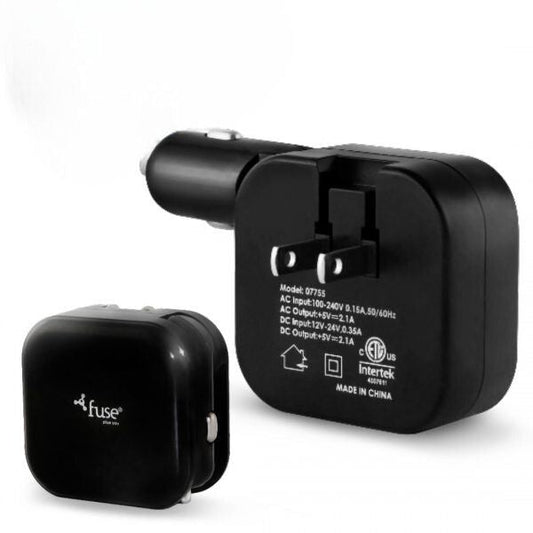 Fuse Fuse 2 in 1 Wall and Car Charger 2 Port USB-A 2.1 Amp Foldable Prongs & Cigarette Lighter Adapter (UPC: 842935077555)