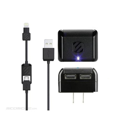 Scosche Wall Charger 2 Port USB-A 5W with Lightning/Micro USB MFI to USB-A 3ft Cable Black StrikeLINE
