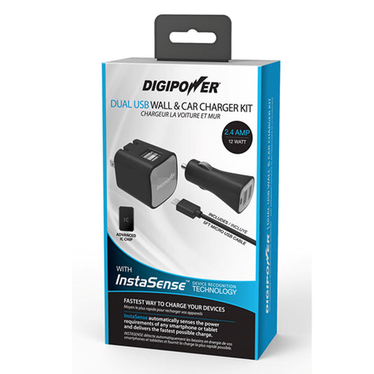 Digipower Wall & Car Charger Combo - Both 2 Ports USB-A 2.4 Amp - Black