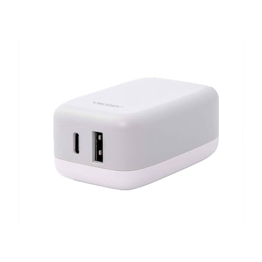 Ventev Ventev Wall Charger 2 Port 27W USB-C (15W) & USB-A (12W) Fast Charge - Folding Prongs - White & Grey (SKU: 51656)