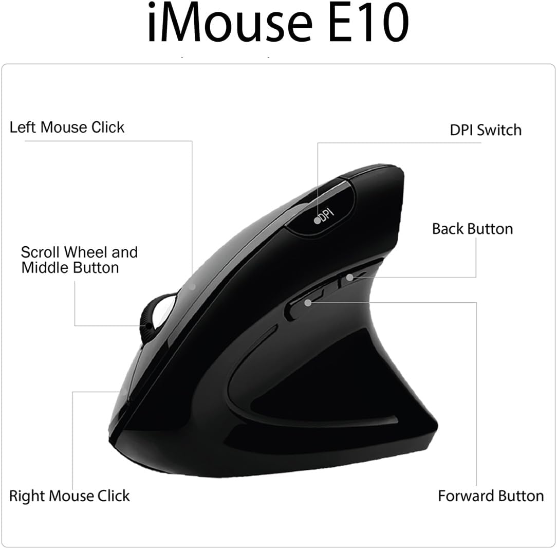 Adesso Mouse Wireless Vertical E10 6 Buttons up to 1600dpi Right Hand - Black