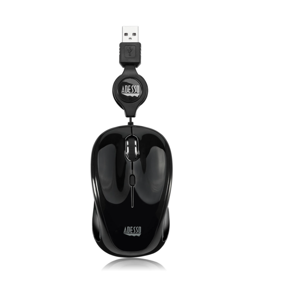 Adesso Adesso Mouse Wired Retractable Cord 2.5ft S8B 3 Button up to 1200dpi PC/Mac - Black
