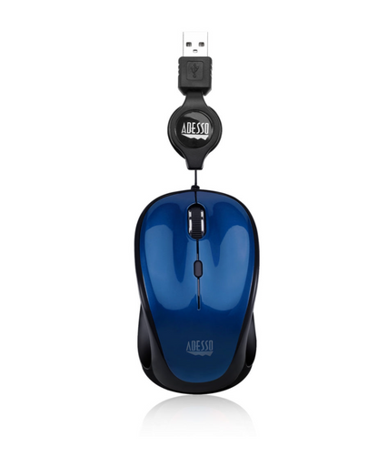 Adesso Adesso Mouse Wired Retractable Cord 2.5ft S8L 3 Button up to 1200dpi PC/Mac - Blue
