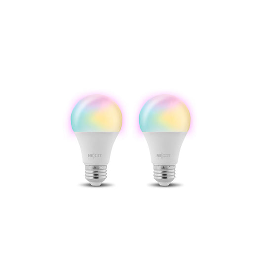 Nexxt Smart Home Indoor Wifi RGB & White LED Light Bulb (2 Pack) 100V A19 Multicolour 16M Combinations Dimmable Voice Control Alexa & Google