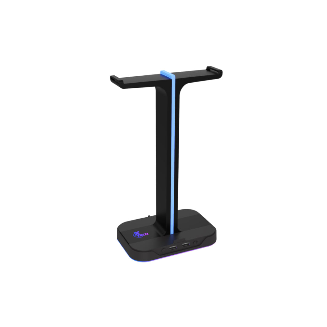 Xtech Xtech Gaming Headset Stand Dual with 2 USB-A Ports RGB Lighting Cable Organizer with Cell Phone Stand - Black (SKU: