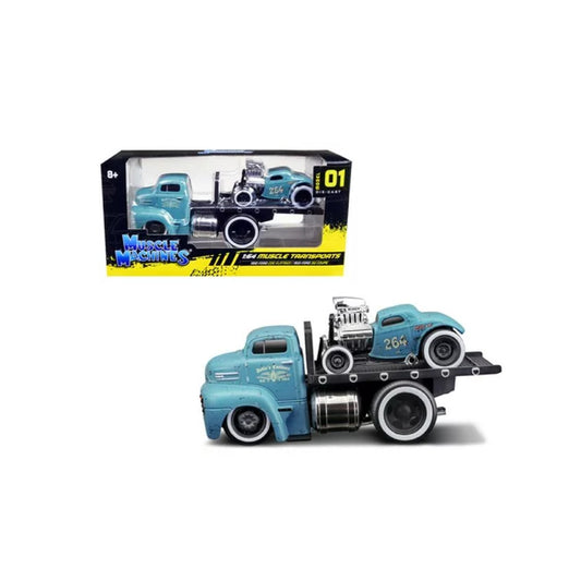 Maisto Muscle Machines Model 01 1950 Ford COE Flatbed Truck 1933 Ford 3W Coupe with Graphics Weathered 1/64 Diecast Model Cars Replica - Toy Light Blue