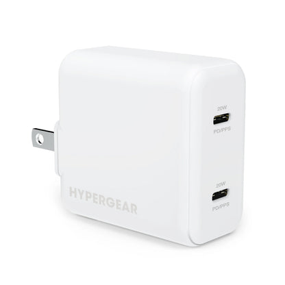 HyperGear Wall Charger 2 Port 40W - 2x USB-C 20W Ports PPS Fast Charging - Foldable Prongs - White