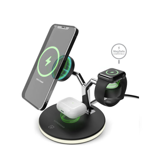 HyperGear Qi Charging Stand 3 in 1 Charge Phone AirPods & Watch (Watch Charging Cable not included) 15W Max Fast Charge MagSafe Compatible LED Base - Black