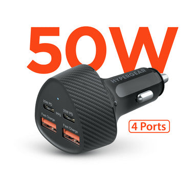 HyperGear Car Charger 4 Port 50W 2x USB-A (18W) 2x USB-C (25W) PD PPS SpeedBoost Quick Charge - Black