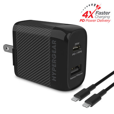 HyperGear HyperGear Wall Charger 2 Port USB-A (12W) USB-C (25W) PD PPS SpeedBoost with USB-C to USB-C Cable 6ft - Black