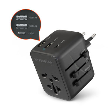 HyperGear HyperGear World Travel Adapter 3 Port 2x USB-A 1x USB-C (15W) 100-250 VAC 4 Integrated International Plugs - Black