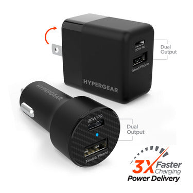 HyperGear HyperGear Combo Bundle - Wall Charger 34W 2 Port (20W Power Delivery USB-C & 12W USB-A) & Car Charger 2 Port 20W