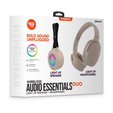 HyperGear Audio Essentials Duo - Bone - 2 Pack Gift Set Bluetooth Headphone & Speaker 5W - HD Sound Vibrant LED Lights Speaker w Carry Strap Foldable & Portable Headphones