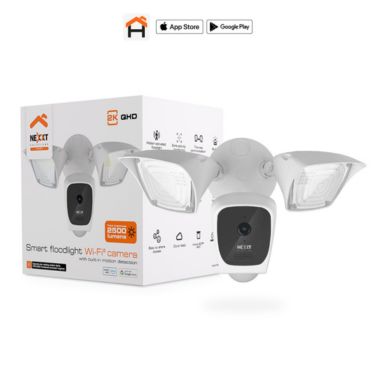 Nexxt Smart Home Outdoor Wifi Floodlight Camera 2K IP65 Motion Detection Speaker & 2 Way Microphone 2 LED Lights 110dB Siren Micro SD Slot up to 128GB