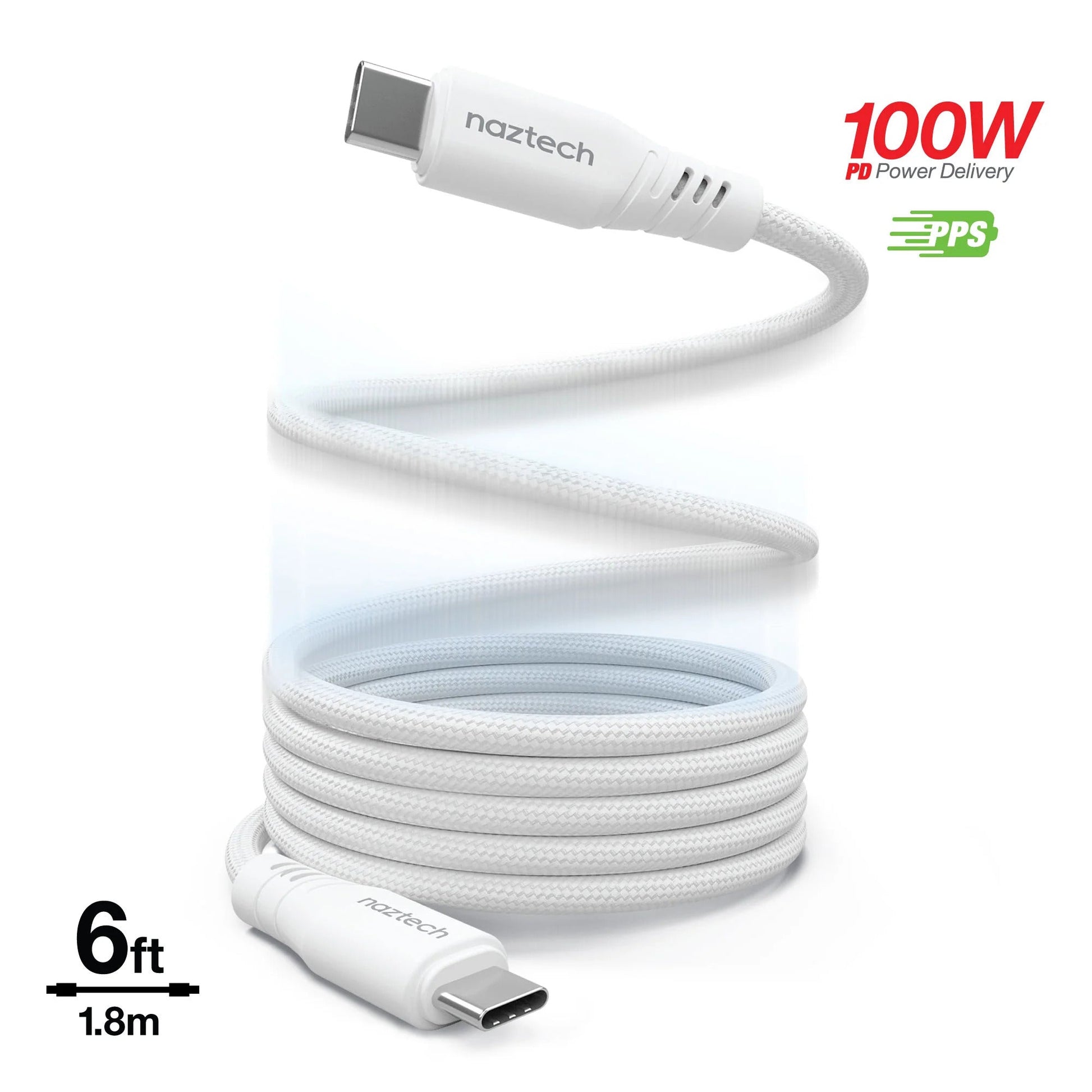 Naztech Naztech Charge & Sync PD 100W USB-C to USB-C REcoil Magnetic Industrial Strength Braided Nylon Cable 6ft Fast Charge