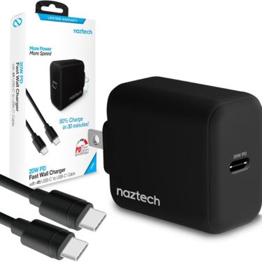 Naztech Wall Charger 1 Port 20W USB-C PD Fast Charge Compact Foldable Prongs & USB-C to USB-C Cable 4ft - Black