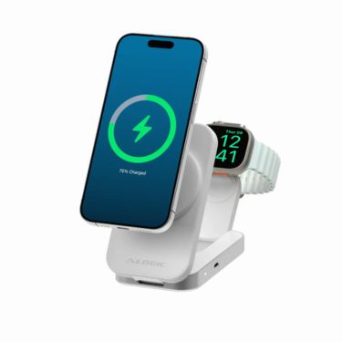 Alogic Alogic Qi2 Charging Stand 2-in-1 Flip 2 Phone (15W) & Watch (3W) Charger with 3ft USB-C to USB-C Cable - White (SKU: