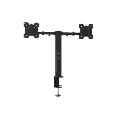 Klipxtreme Dual Monitor Mount Desk Clamp with Integrated AC Outlets x3 1x USB-A & 1x USB-C Power Ports Monitors up to 32In Flat or Curved - Black