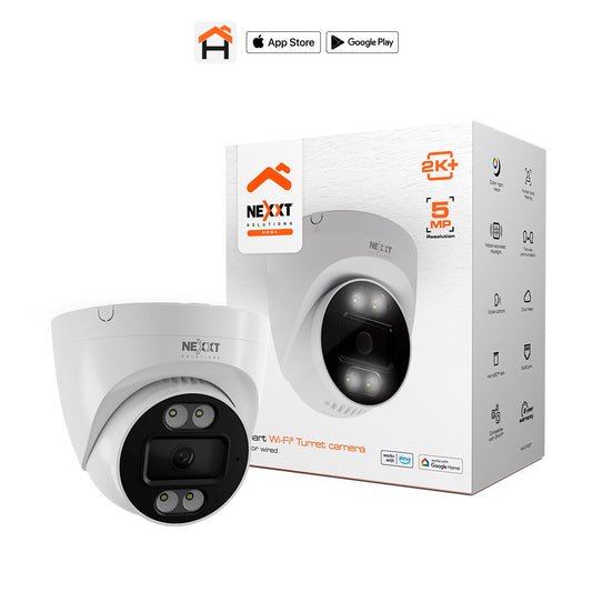Nexxt Smart Home Indoor (Covered Outdoor) Turret Camera 2K Wired Motion Activated Light 400 Lumens - 2 Way Communication Night Vision - Siren  - White