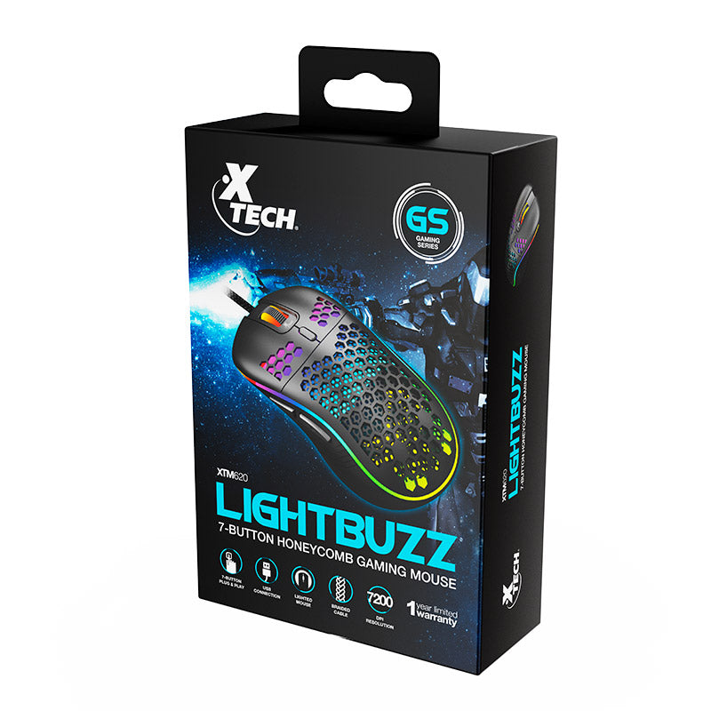 Xtech Gaming Mouse Wired Lightbuzz 3D 7 Button Honeycomb 13 Preset Lighting Effects RGB Backlighting 7200dpi Adjustable Settings - Black