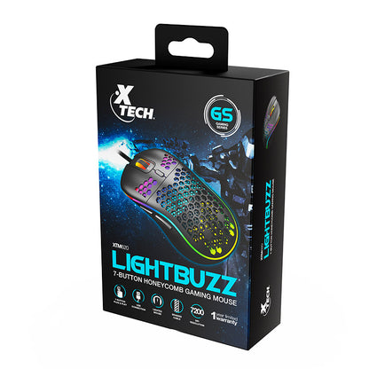 Primus Xtech Gaming Mouse Wired Lightbuzz 3D 7 Button Honeycomb 13 Preset Lighting Effects RGB Backlighting 7200dpi Adjustabl