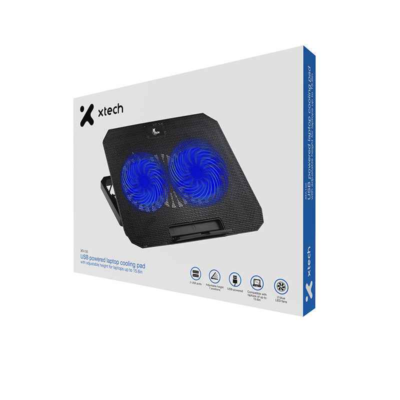 Xtech Xtech Laptop Cooling Pad up to 15.6In USB Blue LED 2 Silent Fans 2 USB-A Ports Adjustable Height - Black (UPC: