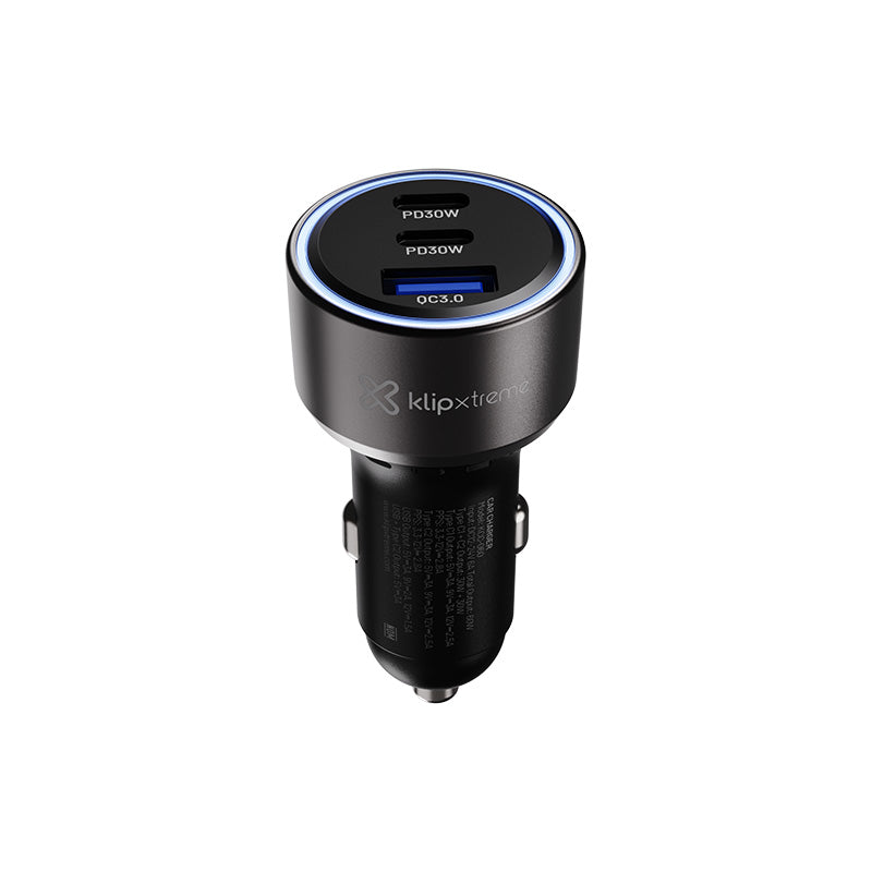 Klipxtreme Car Charger 3 Port 60W 2x USB-C PD (30W Each) 1x USB-A 3.0 18W LED Ring Light Indicator - Black
