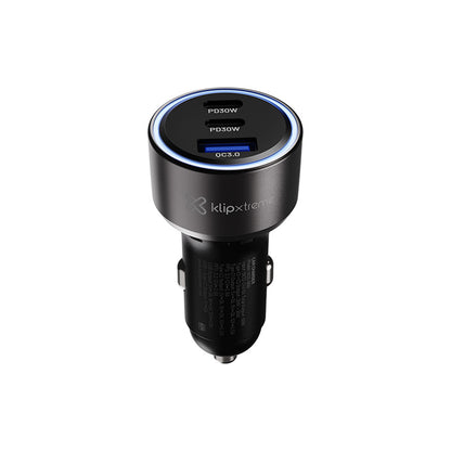 Klipxtreme Klipxtreme Car Charger 3 Port 60W 2x USB-C PD (30W Each) 1x USB-A 3.0 18W LED Ring Light Indicator - Black