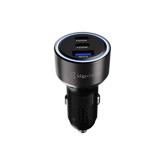 Klipxtreme Car Charger 3 Port 60W 2x USB-C PD (30W Each) 1x USB-A 3.0 18W LED Ring Light Indicator - Black