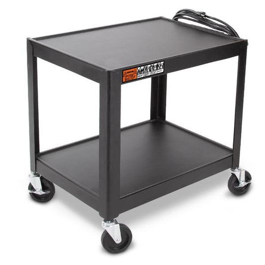 Luxor AV Cart 26In Steel 2 Shelf with 3 Outlet CSA Power Strip 4In Commercial Grade Casters with Lock - Black