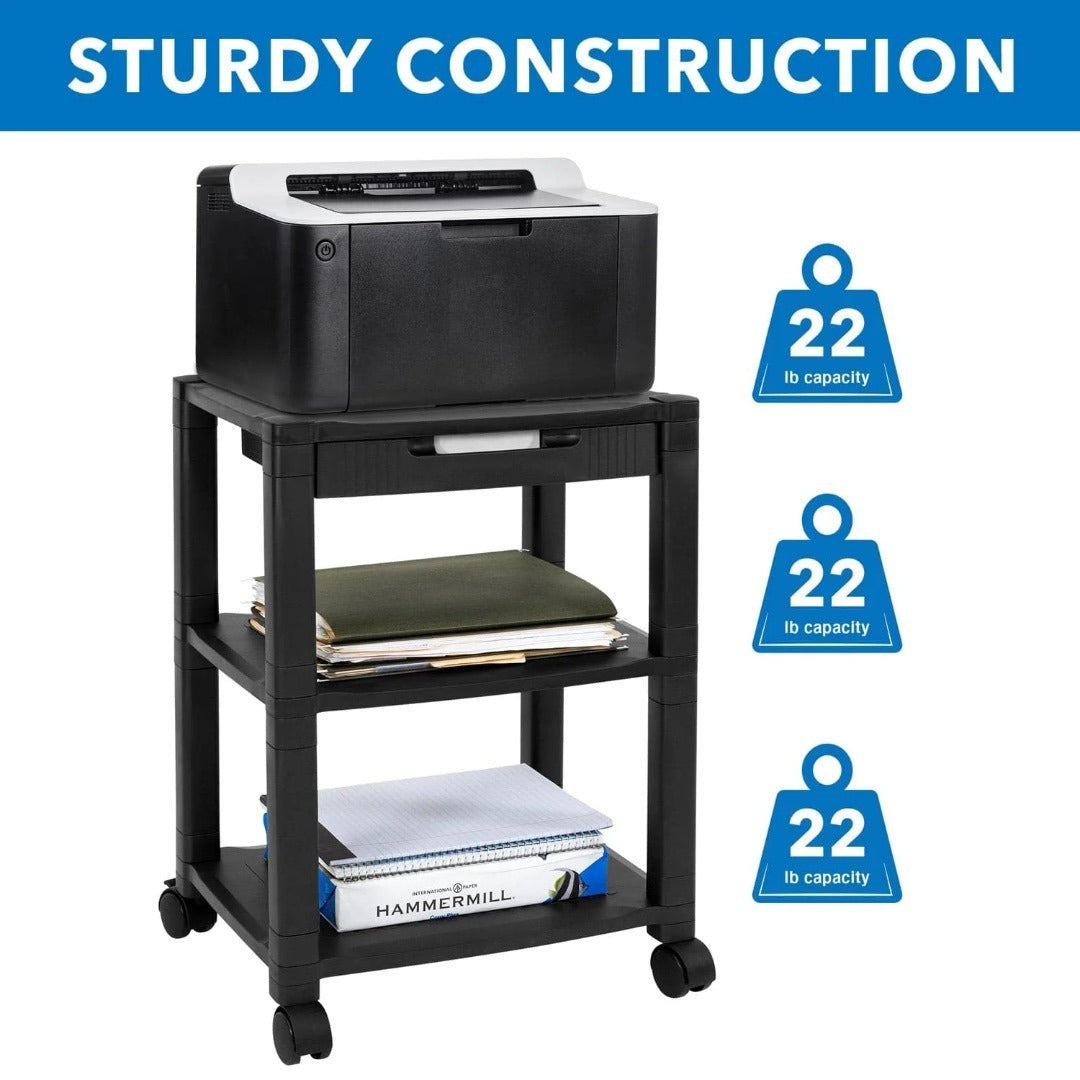 Mount-It! Printer Cart Height Adjustable Rolling with Casters 3 Shelves Max 22lbs per Shelf (17.2 x 13.25In) 24In Tall - Black