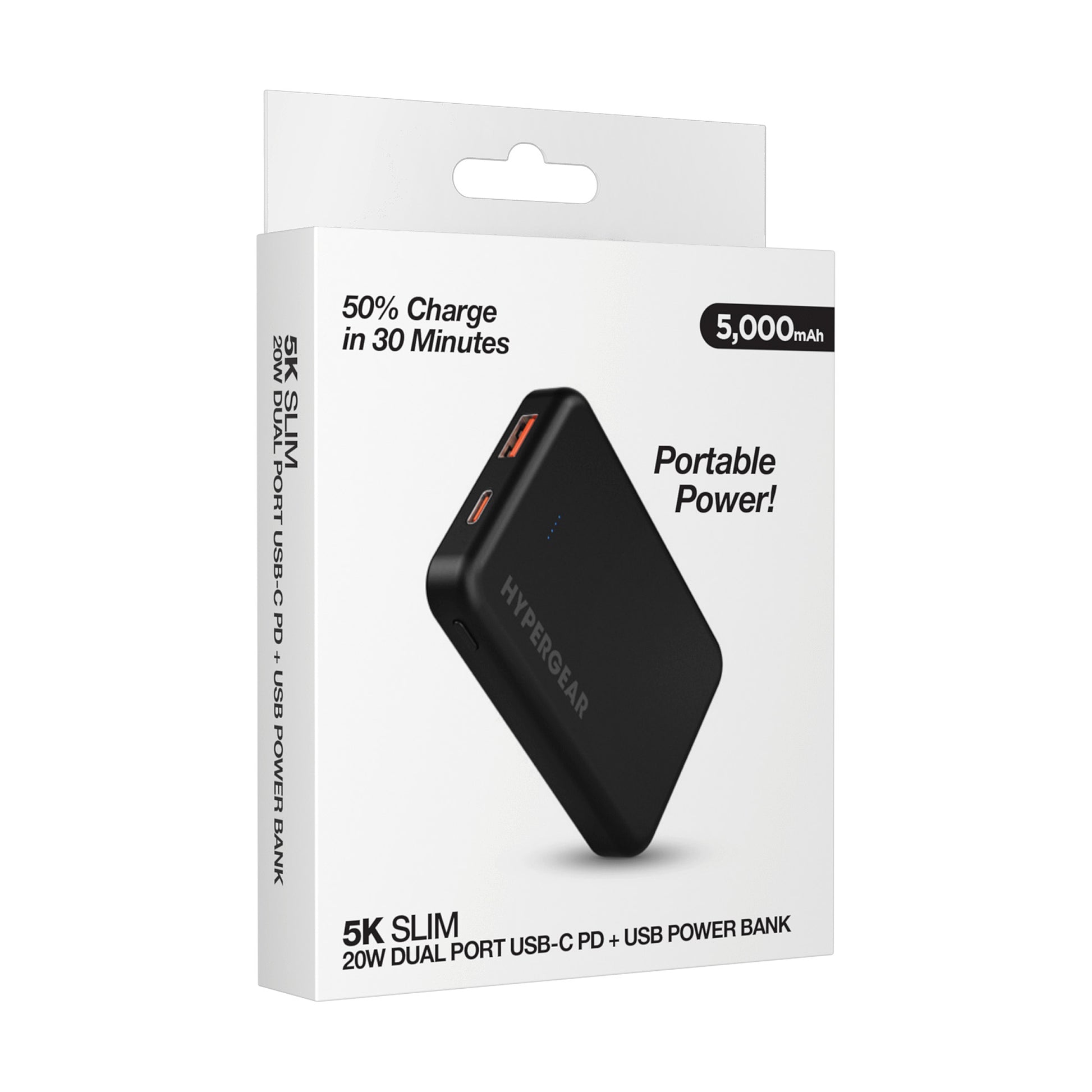 HyperGear HyperGear Basics Powerbank 5000mAh 2 Port USB-A (18W) USB-C (20W) PD Slim & Compact - Black