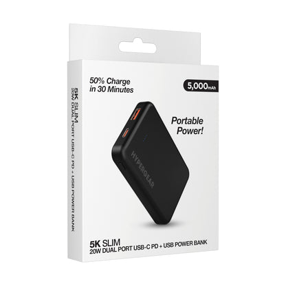 HyperGear HyperGear Basics Powerbank 5000mAh 2 Port USB-A (18W) USB-C (20W) PD Slim & Compact - Black