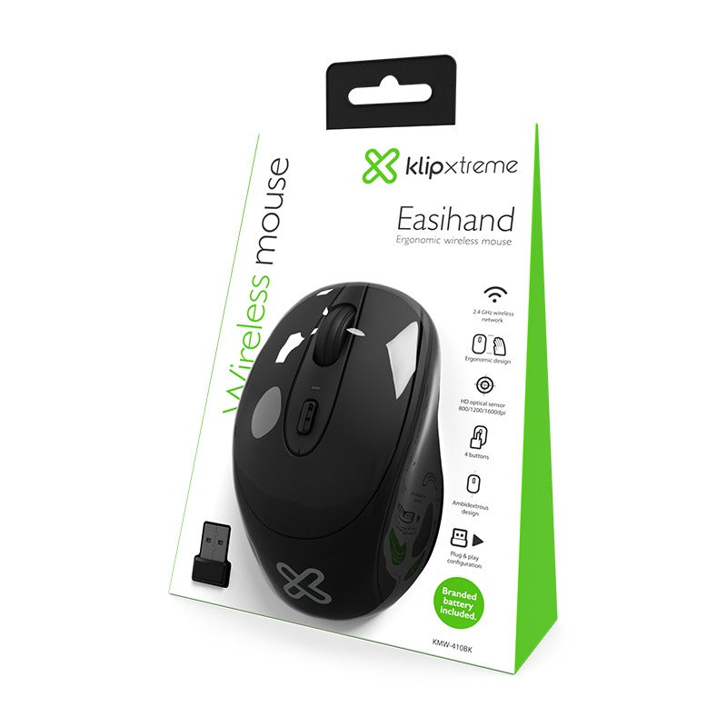 Klipxtreme Mouse Wireless Ergonomic 2.4Ghz 4 Button Ambidextrous 1600dpi PC/Mac - Black