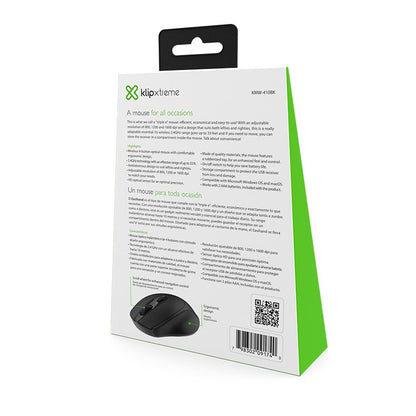 Klipxtreme Mouse Wireless Ergonomic 2.4Ghz 4 Button Ambidextrous 1600dpi PC/Mac - Black