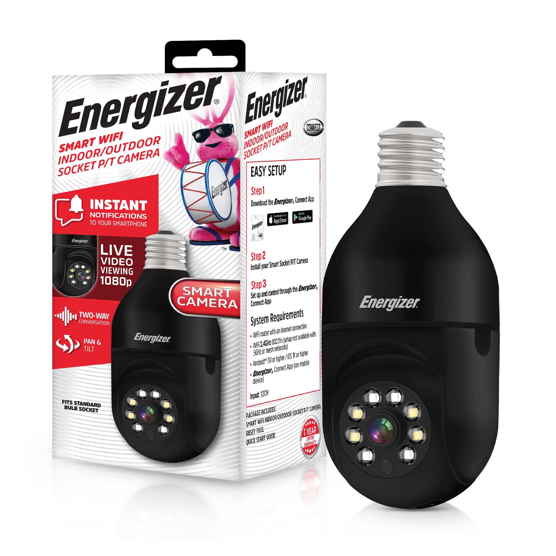 nan Energizer Connect Smart 1080p HD Outdoor Security Socket Camera with Siren Alarm, Remote Access, Motion Alerts, 2 Way