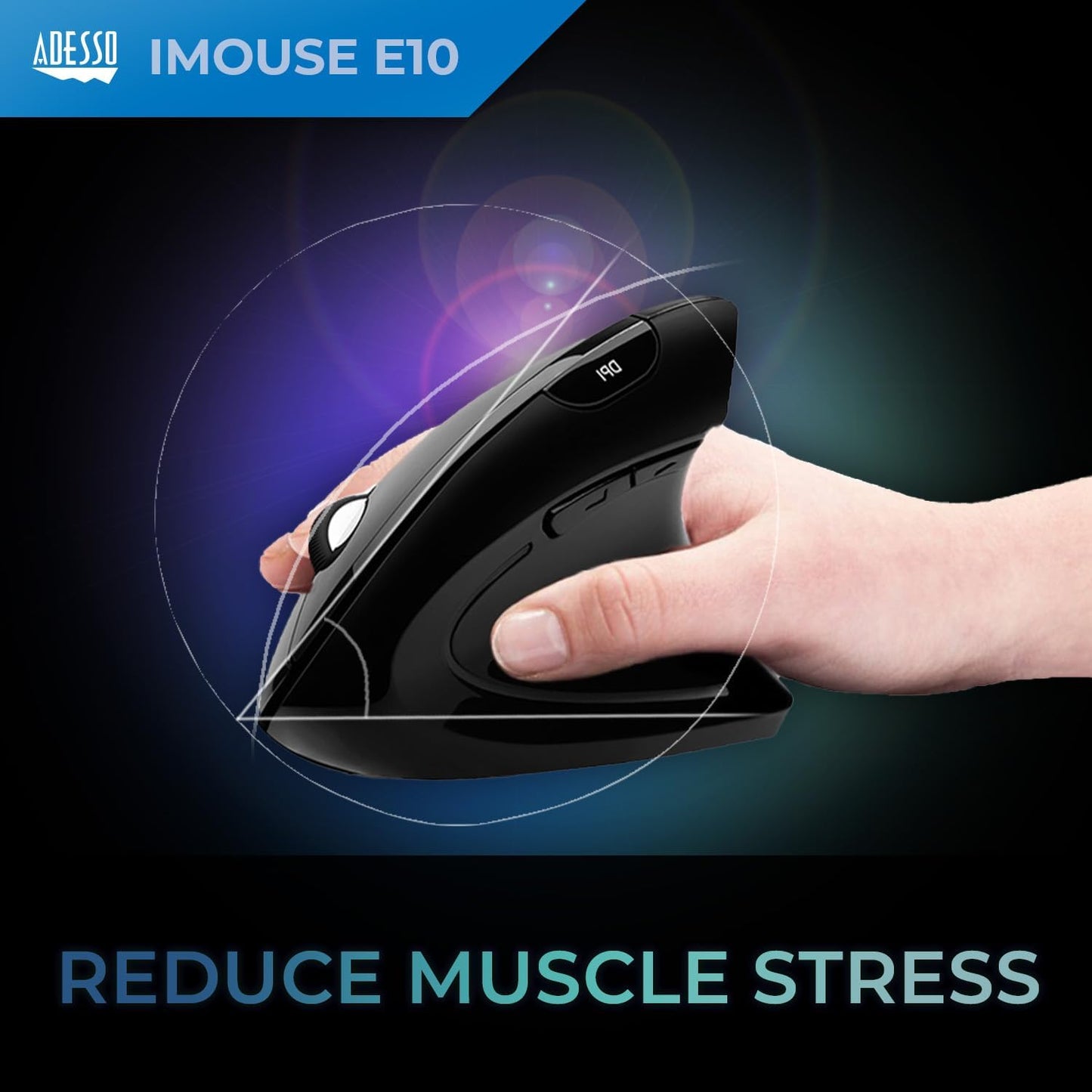 Adesso Mouse Wireless Vertical E10 6 Buttons up to 1600dpi Right Hand - Black