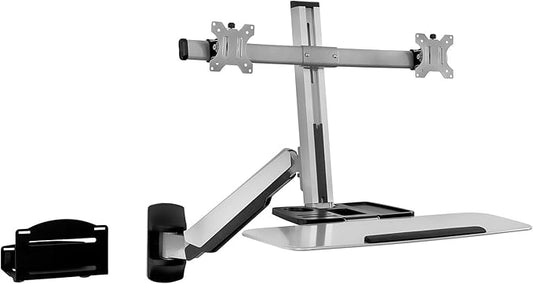 Mount-It! Sit Stand Workstation Wall Mounted with Dual Monitor & Keyboard Tray Gas Spring Includes CPU Wall Mount Heavy Duty Steel & Aluminum