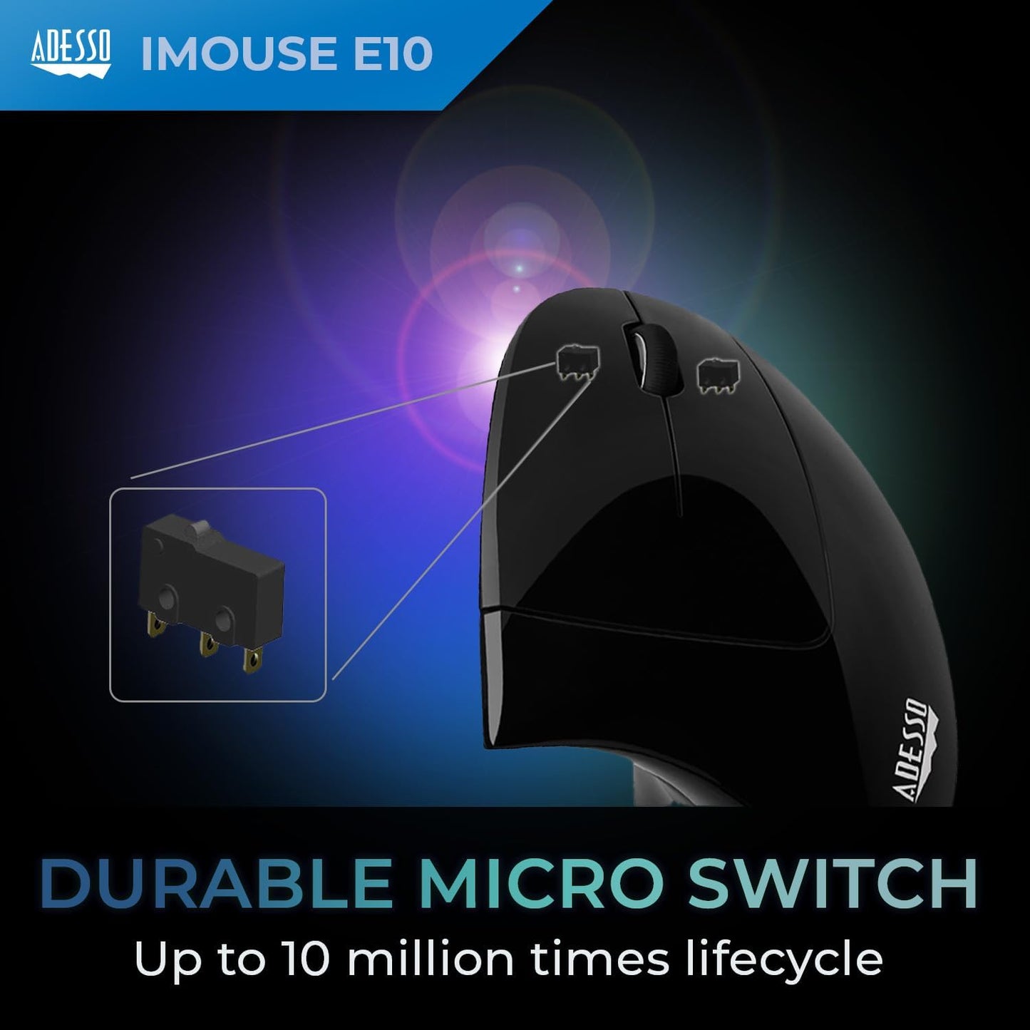 Adesso Mouse Wireless Vertical E10 6 Buttons up to 1600dpi Right Hand - Black
