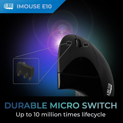 Adesso Mouse Wireless Vertical E10 6 Buttons up to 1600dpi Right Hand - Black