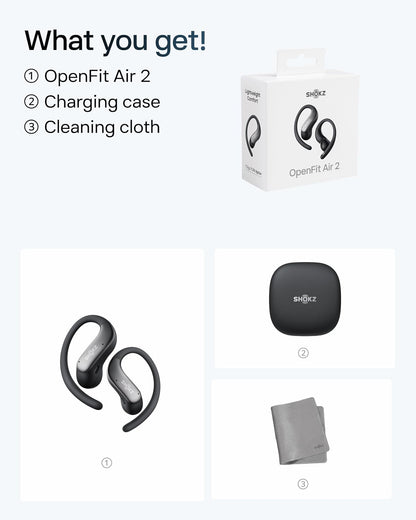 Shokz OpenFit Air 2 Black Bluetooth Headset Smart Mic Around Ear Air Conduction - OpenBass - Water Resistant IP54