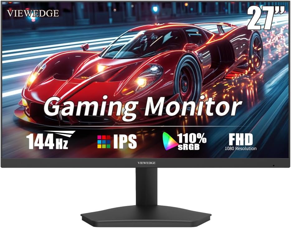 Viewedge Gaming Monitor 27in FHD (1920x1080p) up to 144 Hz with contrast ratio of Millions: 1, 178-degree viewing angle, HDR 10, and 1ms responsive time - Black