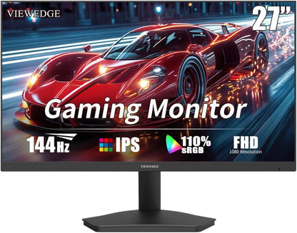 Viewedge Gaming Monitor 27in FHD (1920x1080p) up to 144 Hz with contrast ratio of Millions: 1, 178-degree viewing angle, HDR 10, and 1ms responsive time - Black